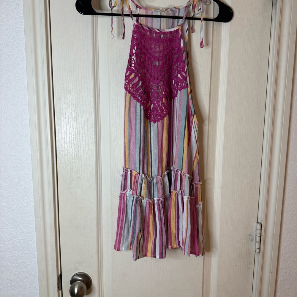 Main Strip Multicolor Striped Tank Top with Magenta Crochet